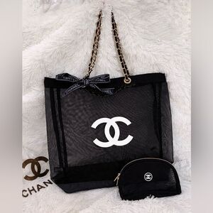 Chanel GWP Mesh Tote Bag with Makeup Pouch Set Black Beach Bag Large